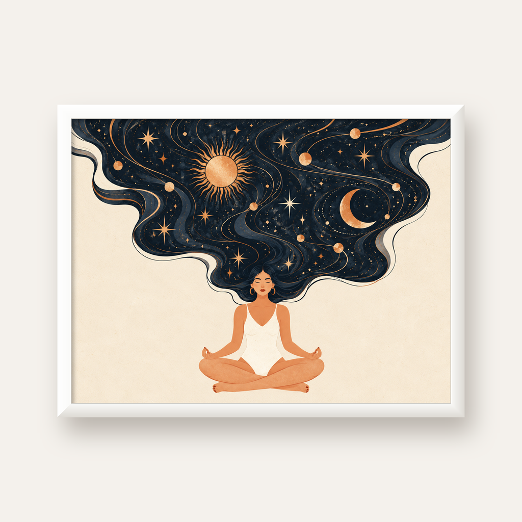 Kozmik Sükûnet Meditasyon Poster — beyaz çerçeveli yatay poster