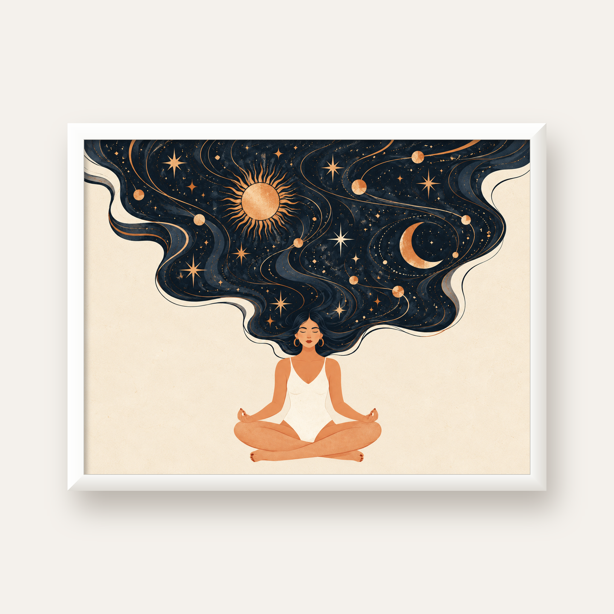 Kozmik Sükûnet Meditasyon Poster — beyaz çerçeveli yatay poster