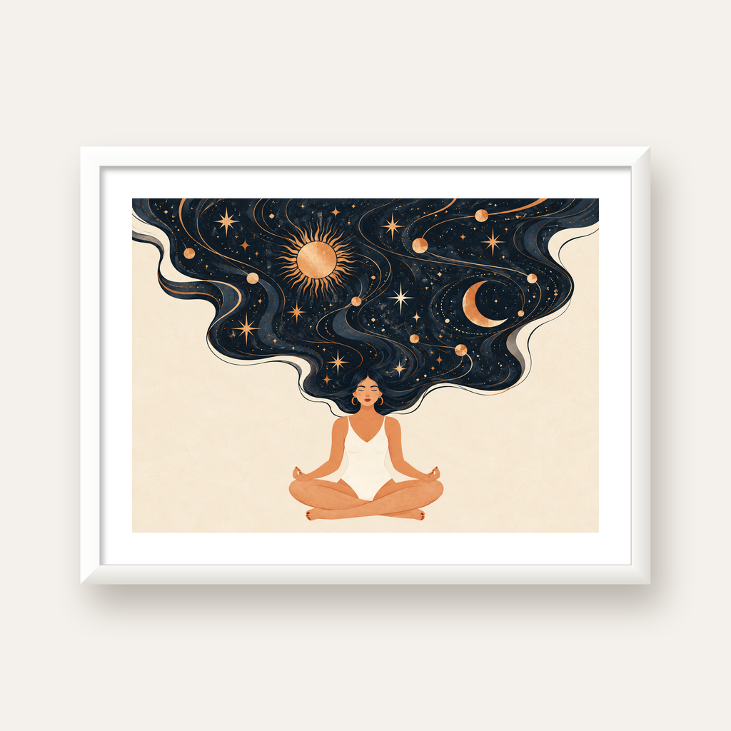 Kozmik Sükûnet Meditasyon Poster — beyaz çerçeveli yatay poster