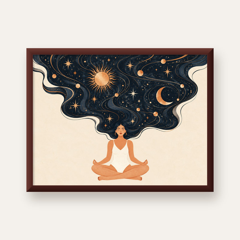 Kozmik Sükûnet Meditasyon Poster — ceviz çerçeveli