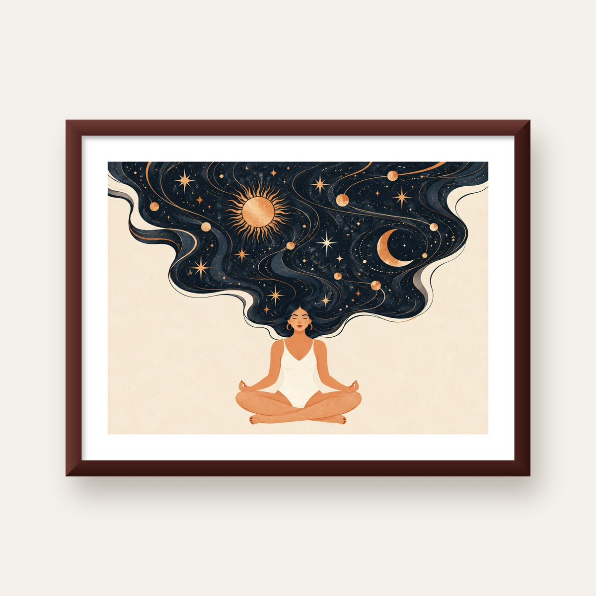 Kozmik Sükûnet Meditasyon Poster — ceviz çerçeveli paspartulu