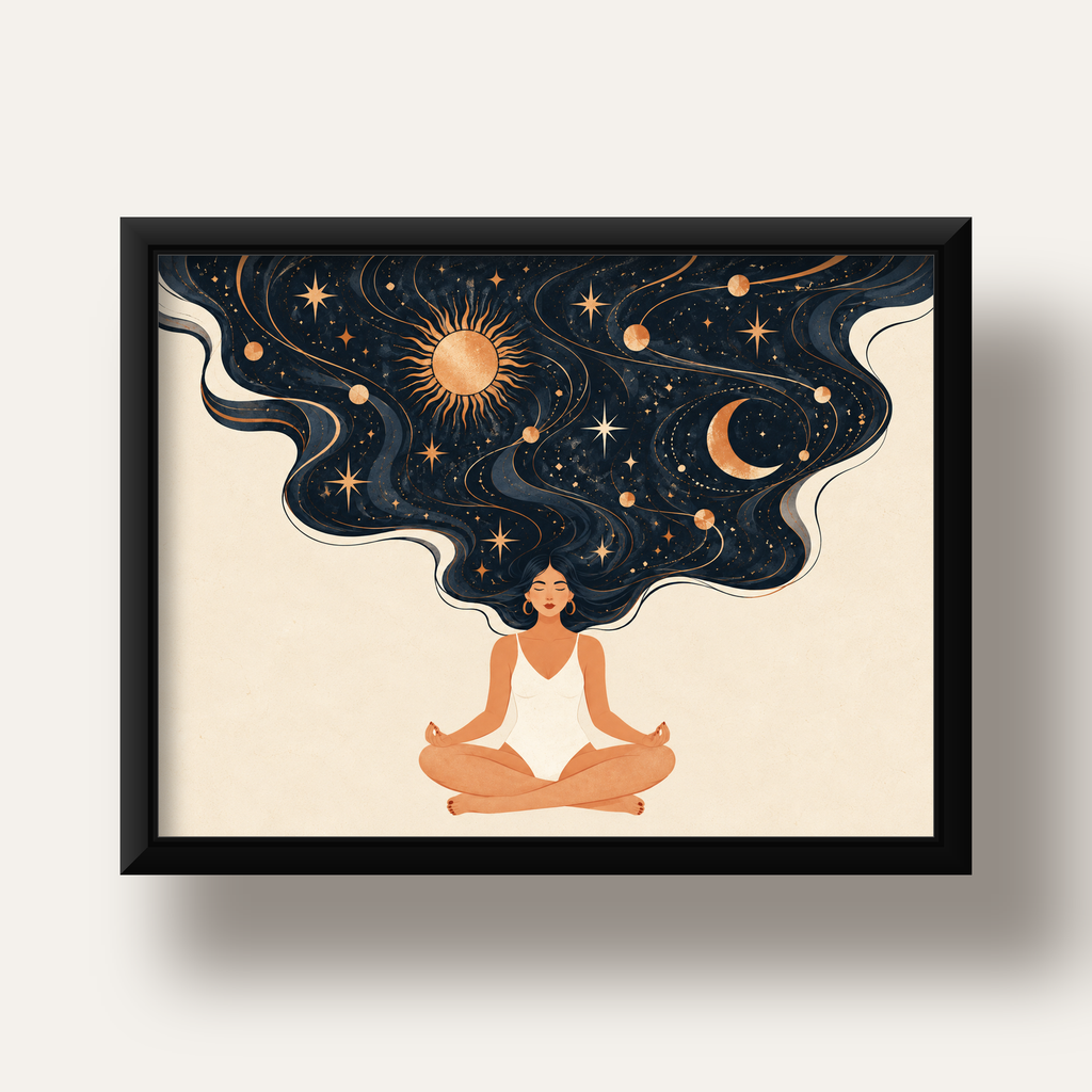 Kozmik Sükûnet Meditasyon Poster — siyah derin çerçeveli