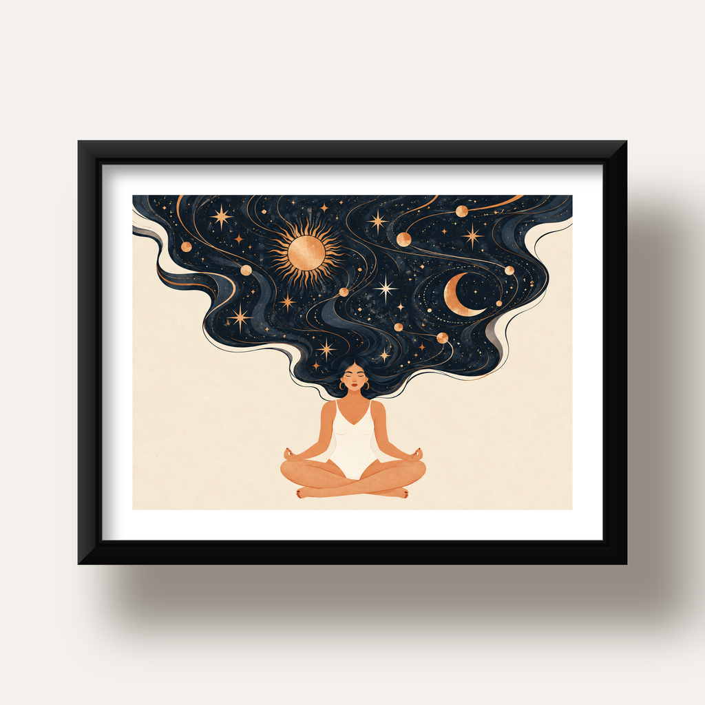 Kozmik Sükûnet Meditasyon Poster — siyah derin çerçeveli paspartulu