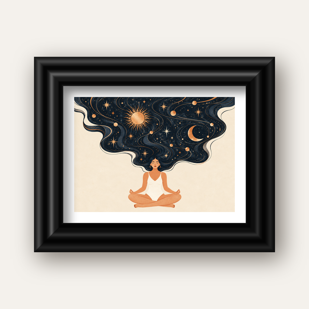 Kozmik Sükûnet Meditasyon Poster — siyah galeri çerçeveli paspartulu