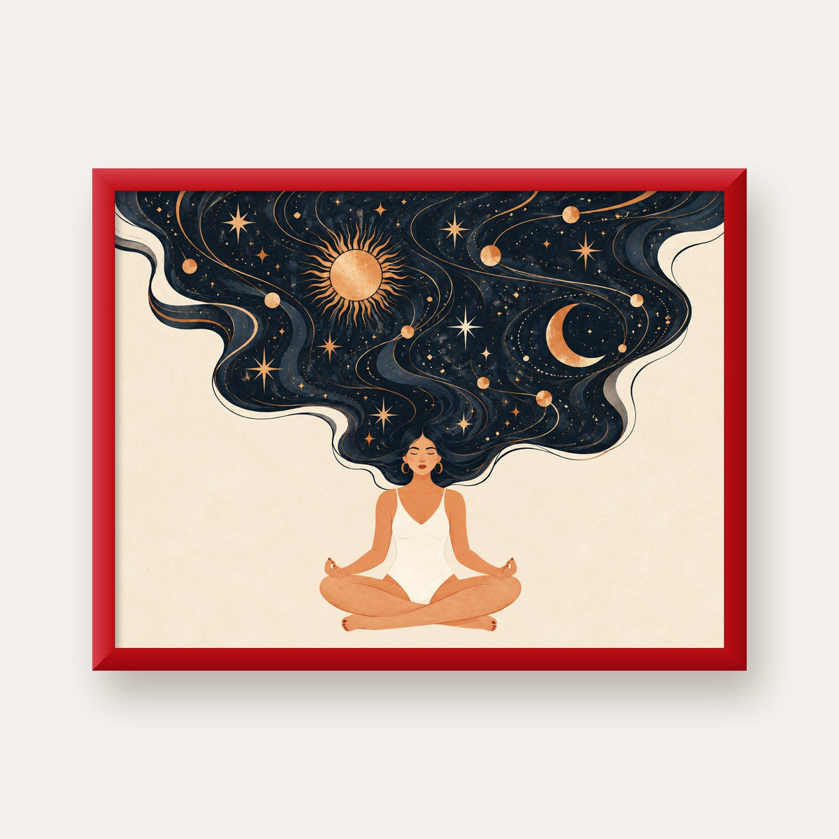Kozmik Sükûnet Meditasyon Poster — kırmızı çerçeveli