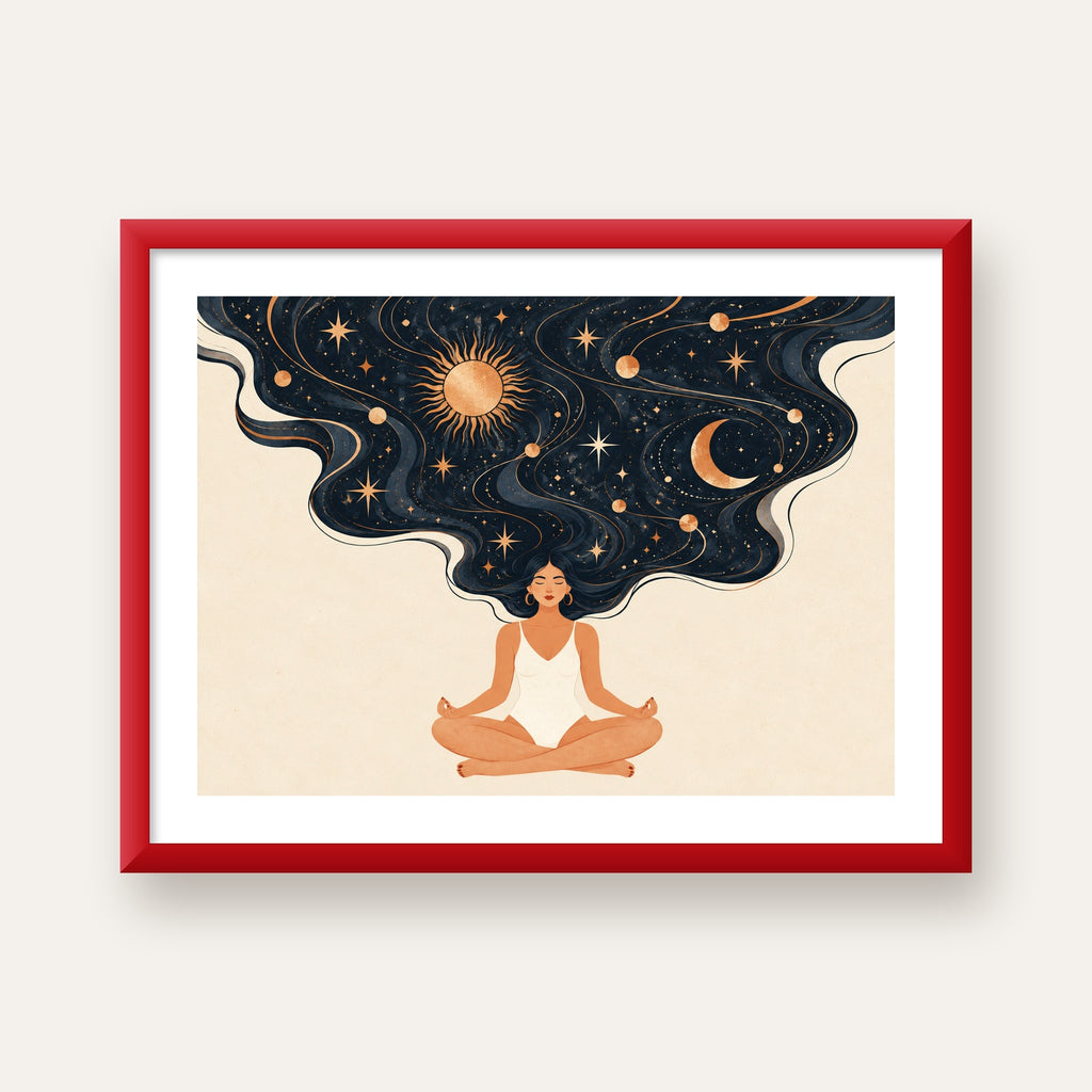 Kozmik Sükûnet Meditasyon Poster — kırmızı çerçeveli paspartulu