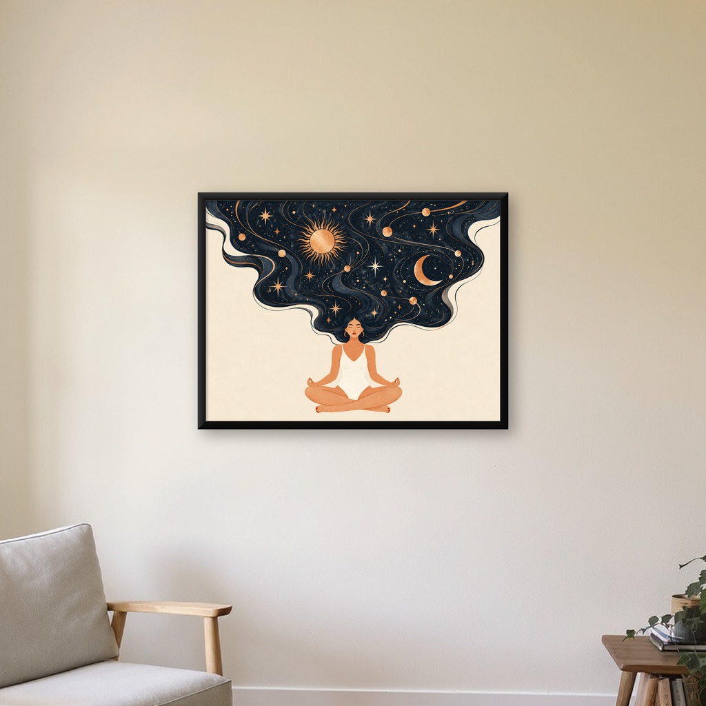 Meditasyon Kadını ve Kozmik Saçlar Modern Duvar Posteri — Yatay baskı, çerçeveli hâliyle bir ev duvarında