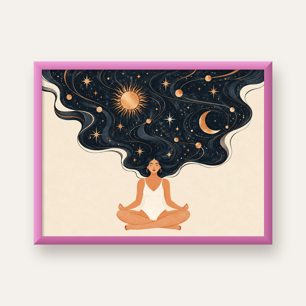 Kozmik Sükûnet Meditasyon Poster — pembe çerçeveli