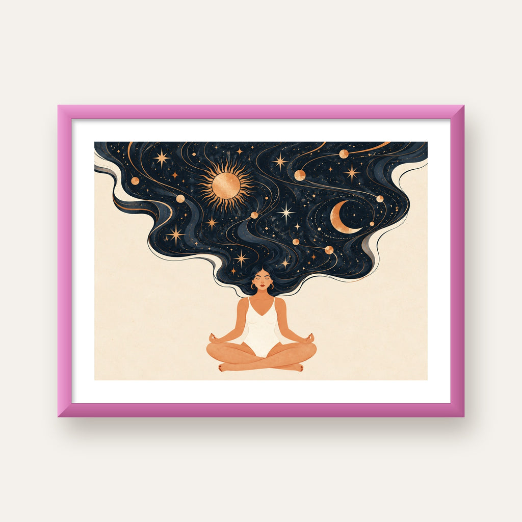 Kozmik Sükûnet Meditasyon Poster — pembe çerçeveli paspartulu