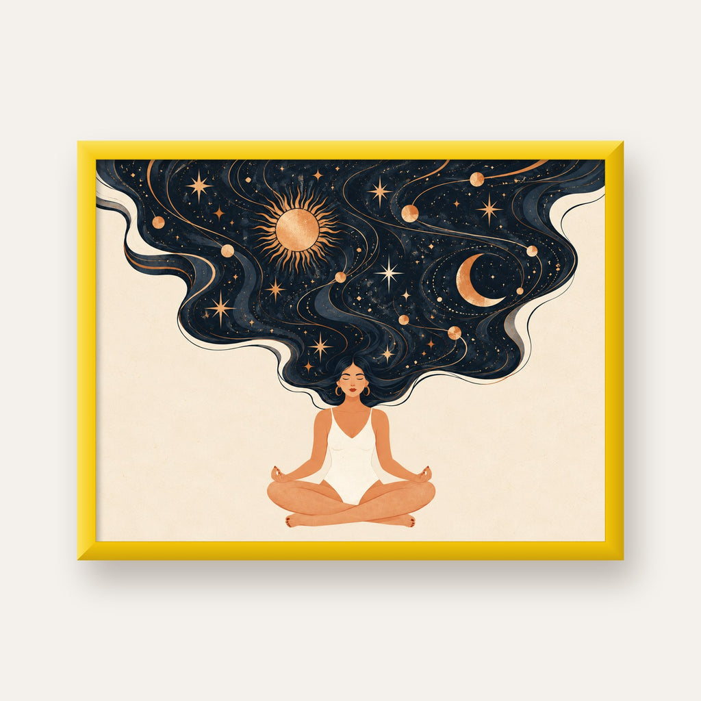 Kozmik Sükûnet Meditasyon Poster — sarı çerçeveli