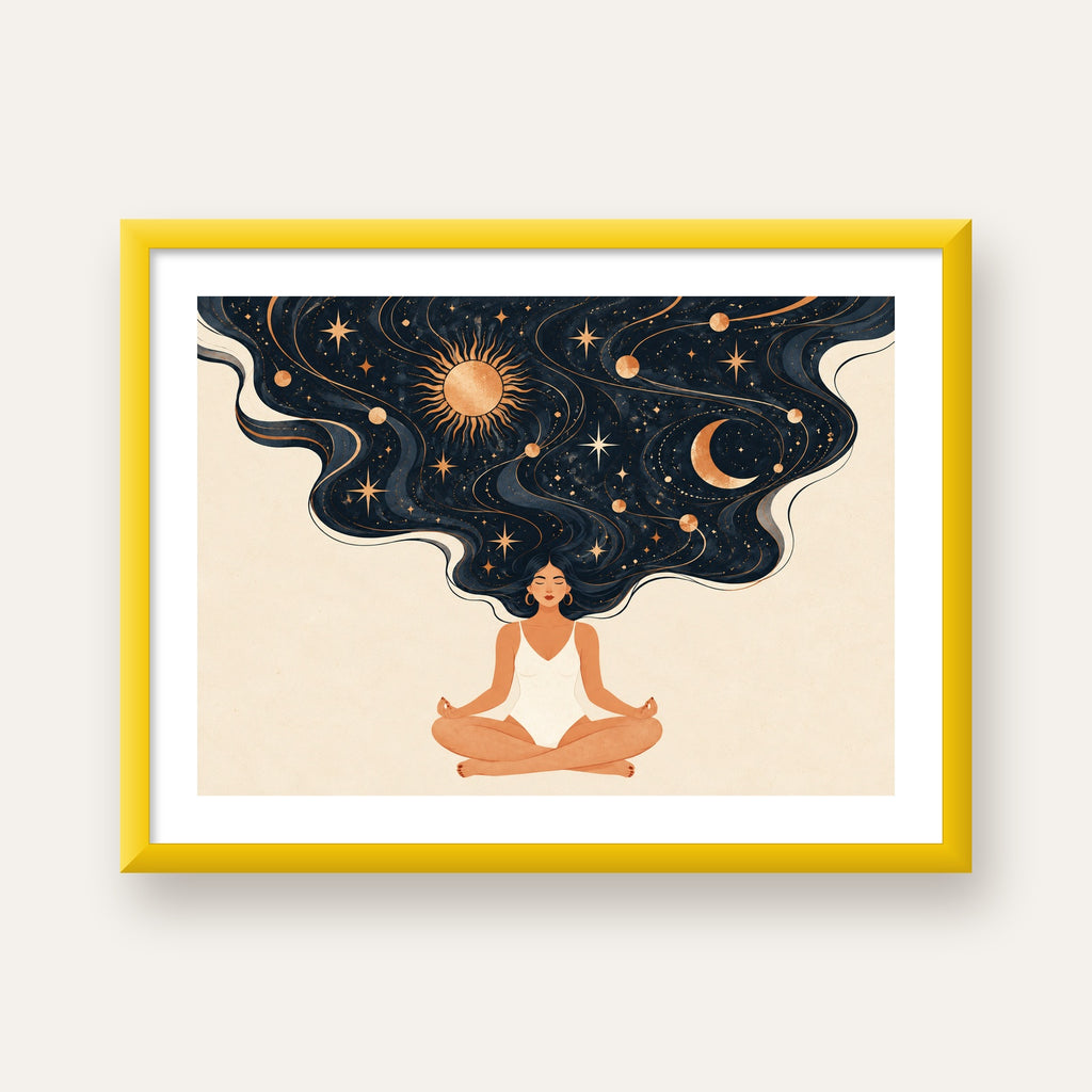 Kozmik Sükûnet Meditasyon Poster — sarı çerçeveli paspartulu