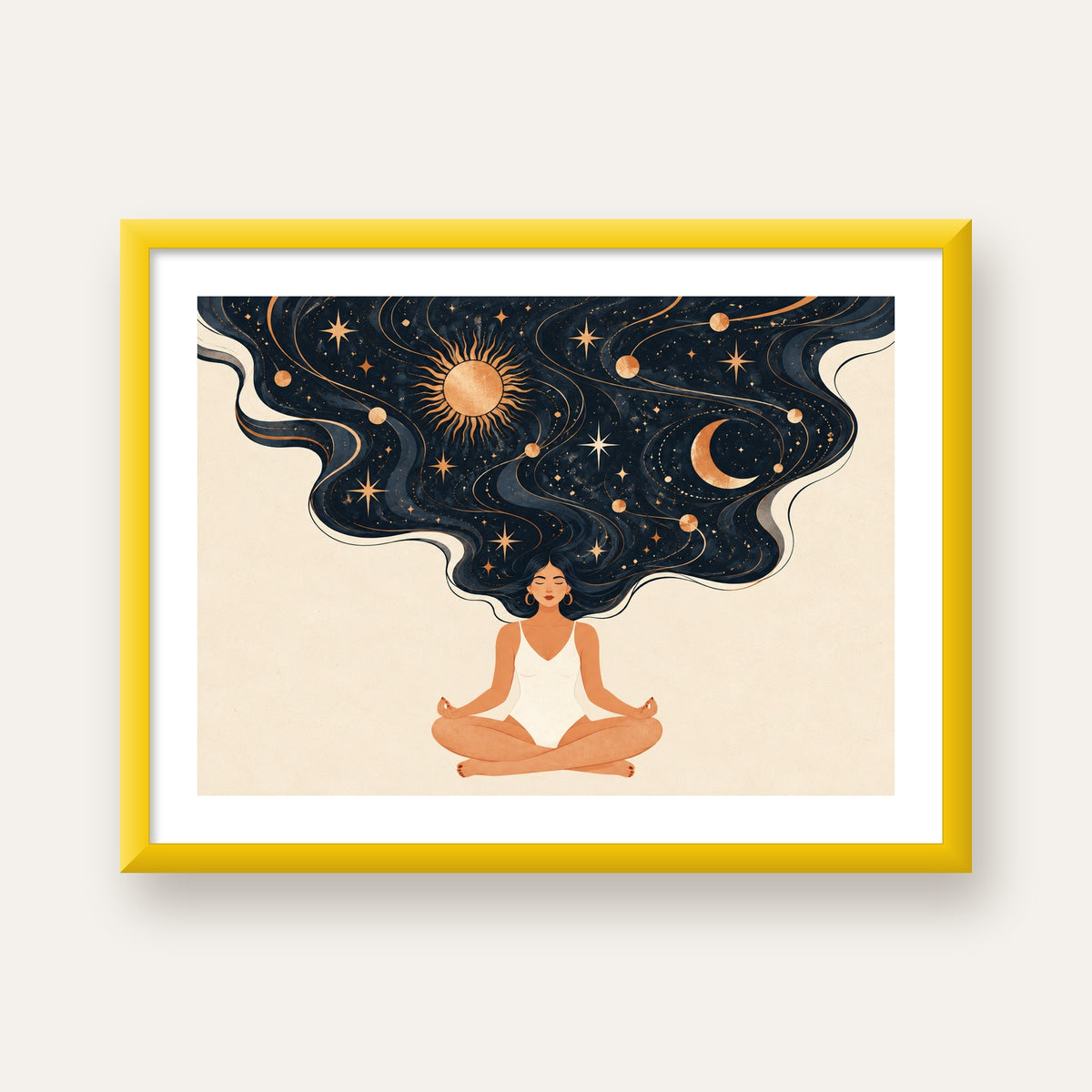 Kozmik Sükûnet Meditasyon Poster — sarı çerçeveli paspartulu
