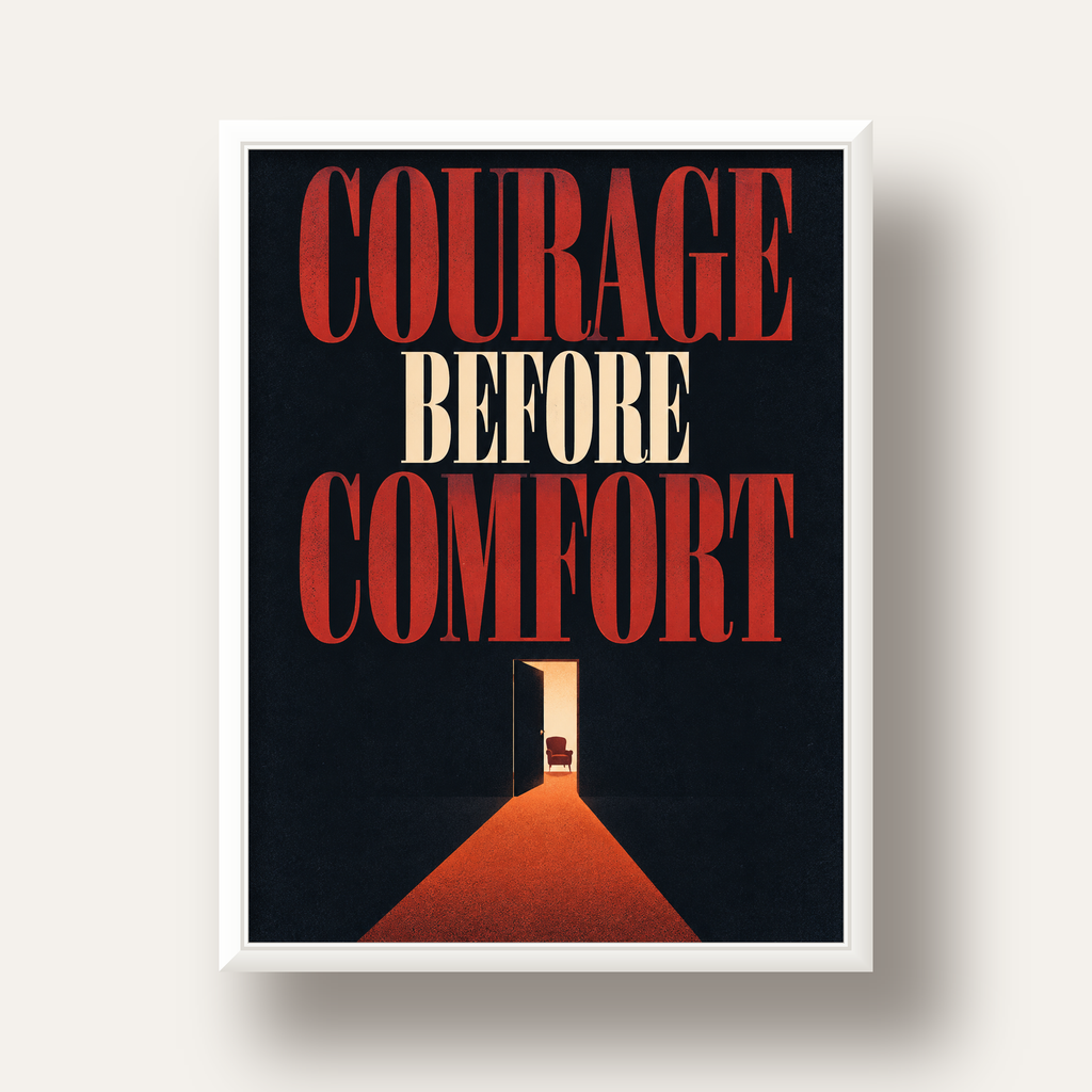Courage Before Comfort - Cesaret ve Konfor Temalı Poster — beyaz derin çerçeveli