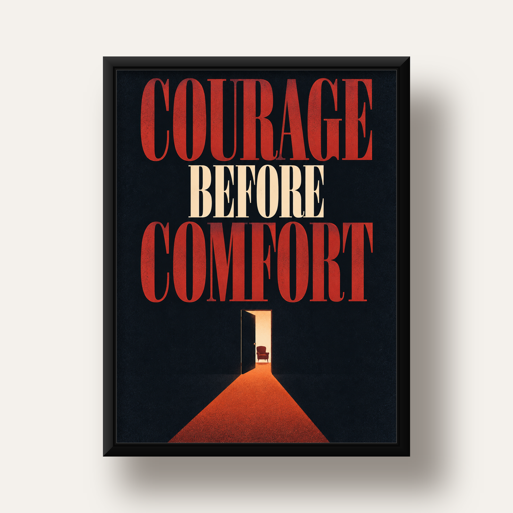 Courage Before Comfort - Cesaret ve Konfor Temalı Poster — siyah derin çerçeveli