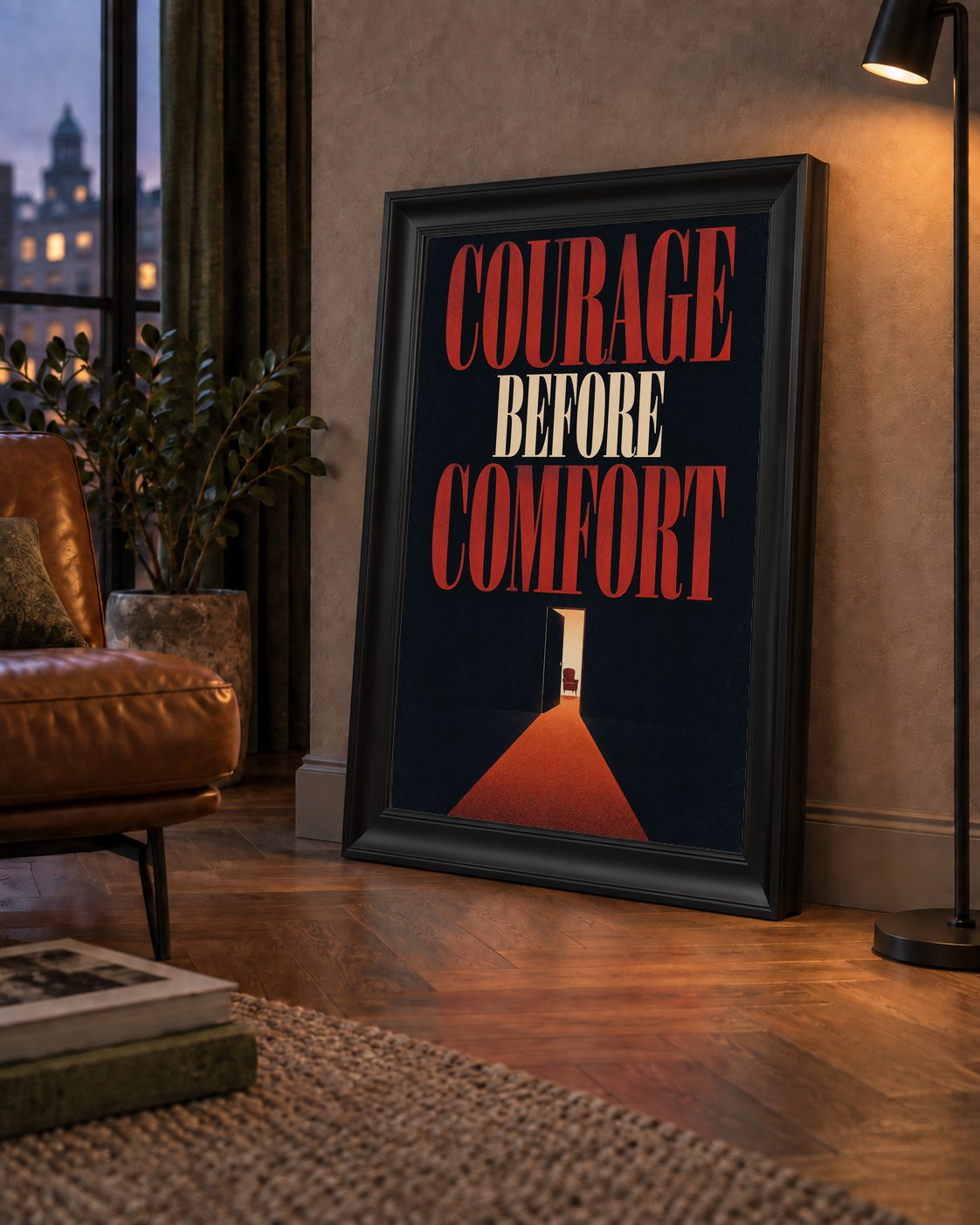 Courage Before Comfort - Cesaret ve Konfor Temalı Poster — çerçeveli hâliyle bir ev duvarında