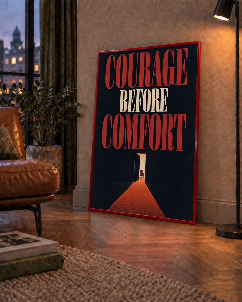 Courage Before Comfort - Cesaret ve Konfor Temalı Poster — çerçeveli hâliyle bir ev duvarında