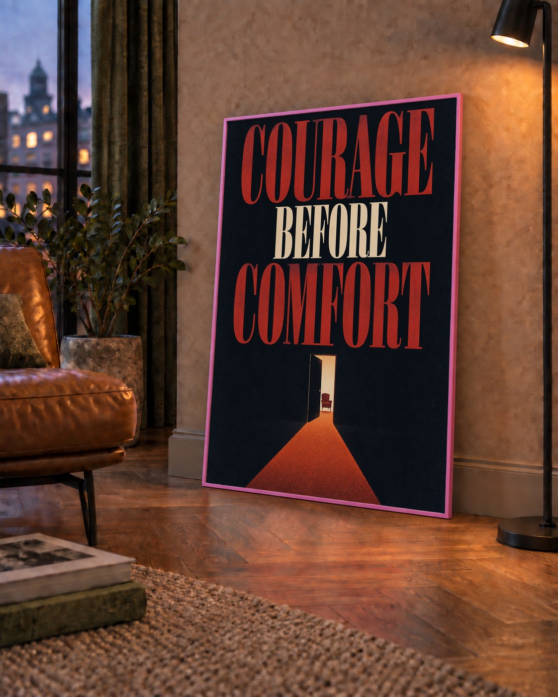 Courage Before Comfort - Cesaret ve Konfor Temalı Poster — çerçeveli hâliyle bir ev duvarında
