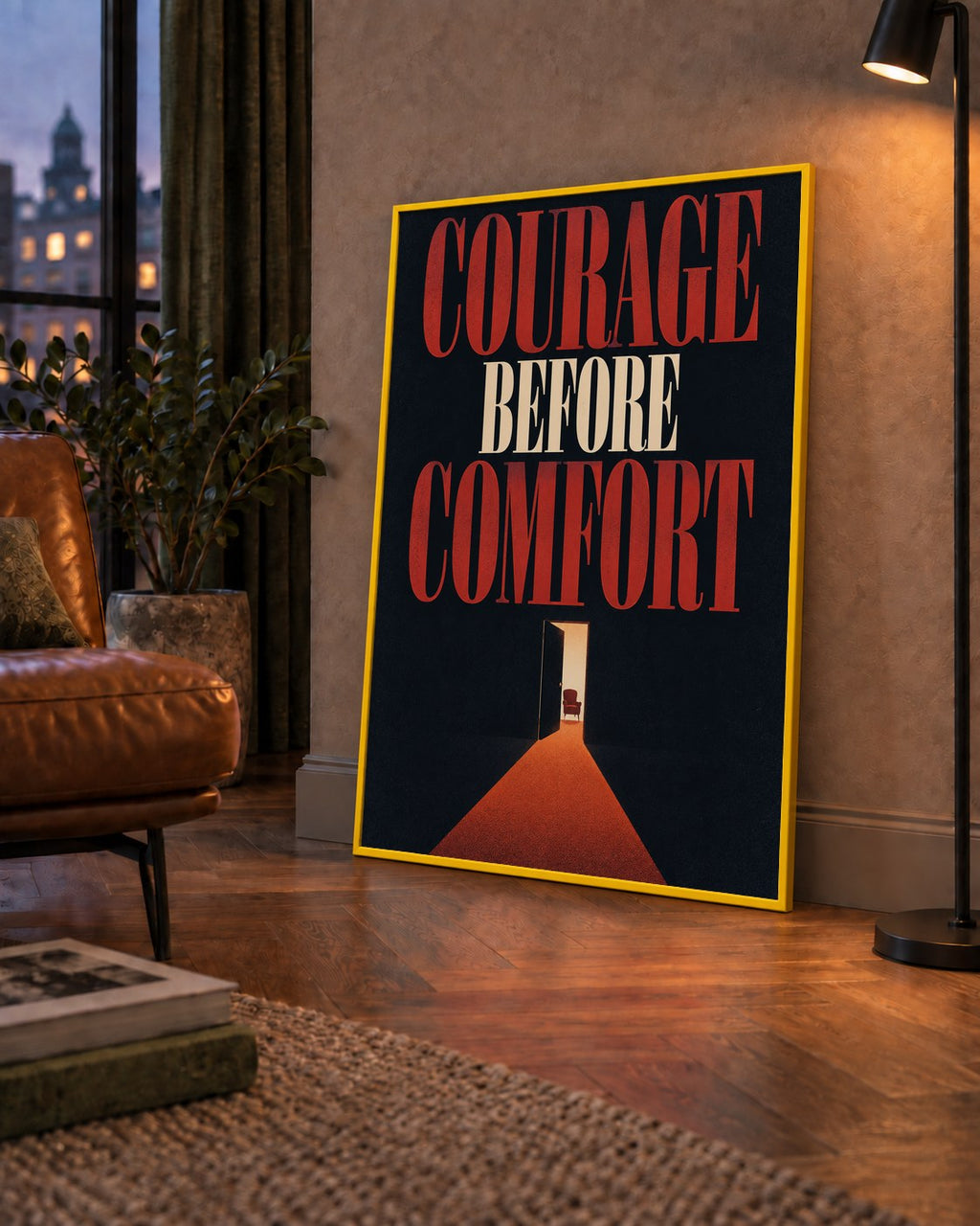 Courage Before Comfort - Cesaret ve Konfor Temalı Poster — çerçeveli hâliyle bir ev duvarında