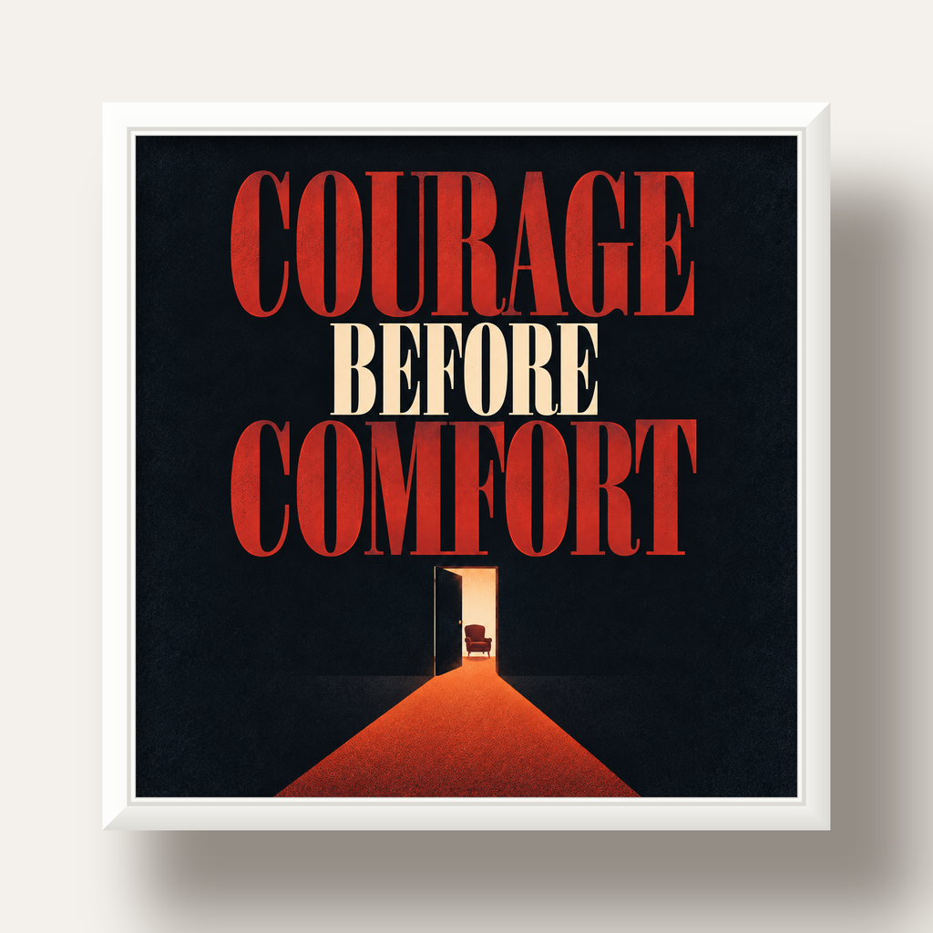 Courage Before Comfort - Cesaret ve Konfor Temalı Poster — beyaz derin çerçeveli