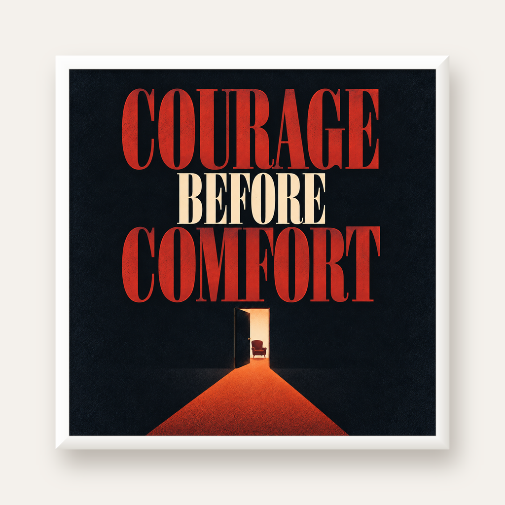 Courage Before Comfort - Cesaret ve Konfor Temalı Poster — beyaz çerçeveli kare poster