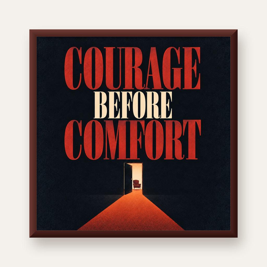 Courage Before Comfort - Cesaret ve Konfor Temalı Poster — ceviz çerçeveli