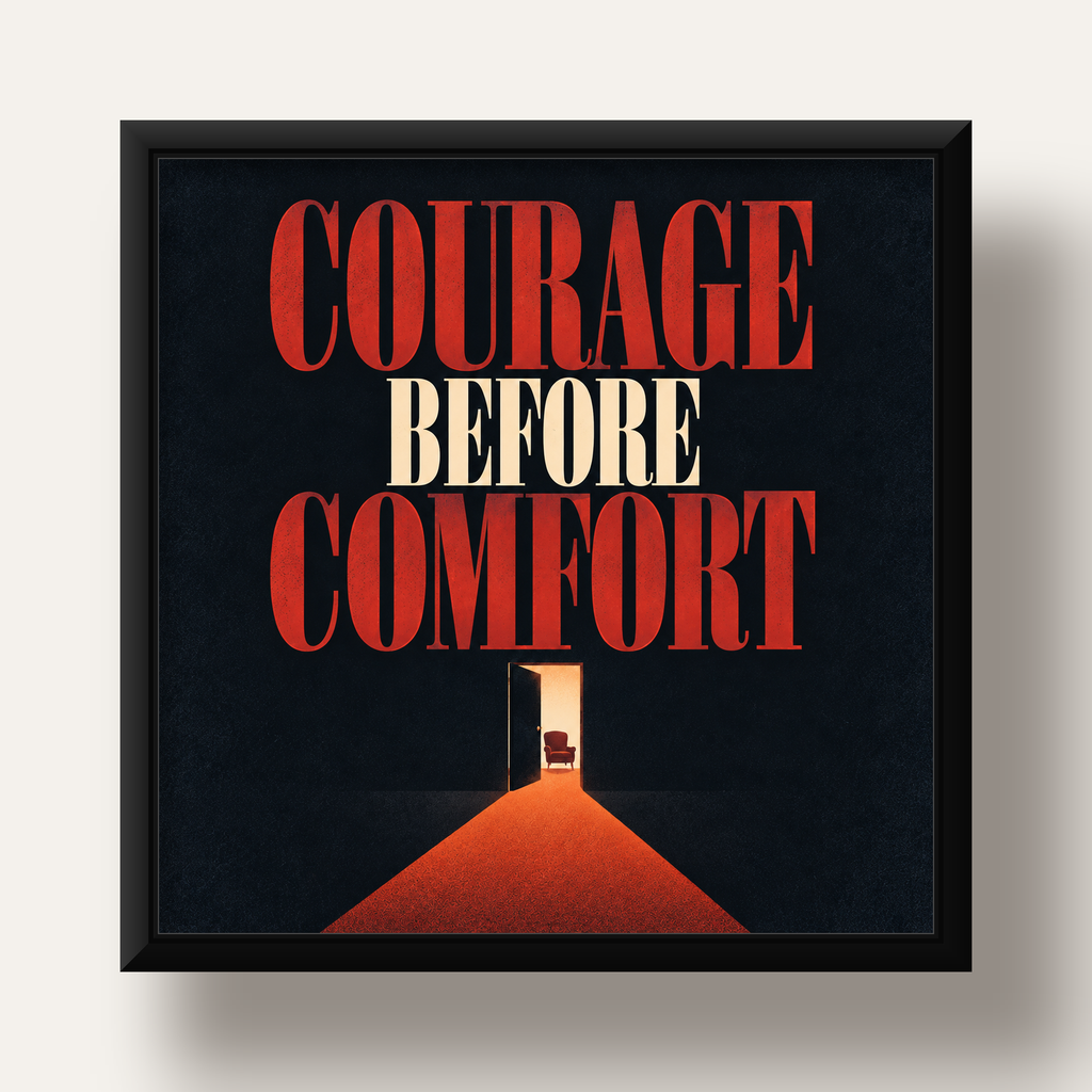 Courage Before Comfort - Cesaret ve Konfor Temalı Poster — siyah derin çerçeveli