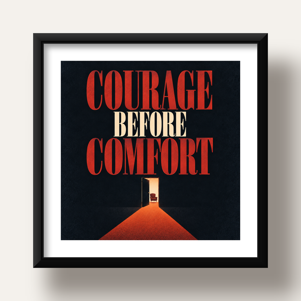 Courage Before Comfort - Cesaret ve Konfor Temalı Poster — siyah derin çerçeveli paspartulu