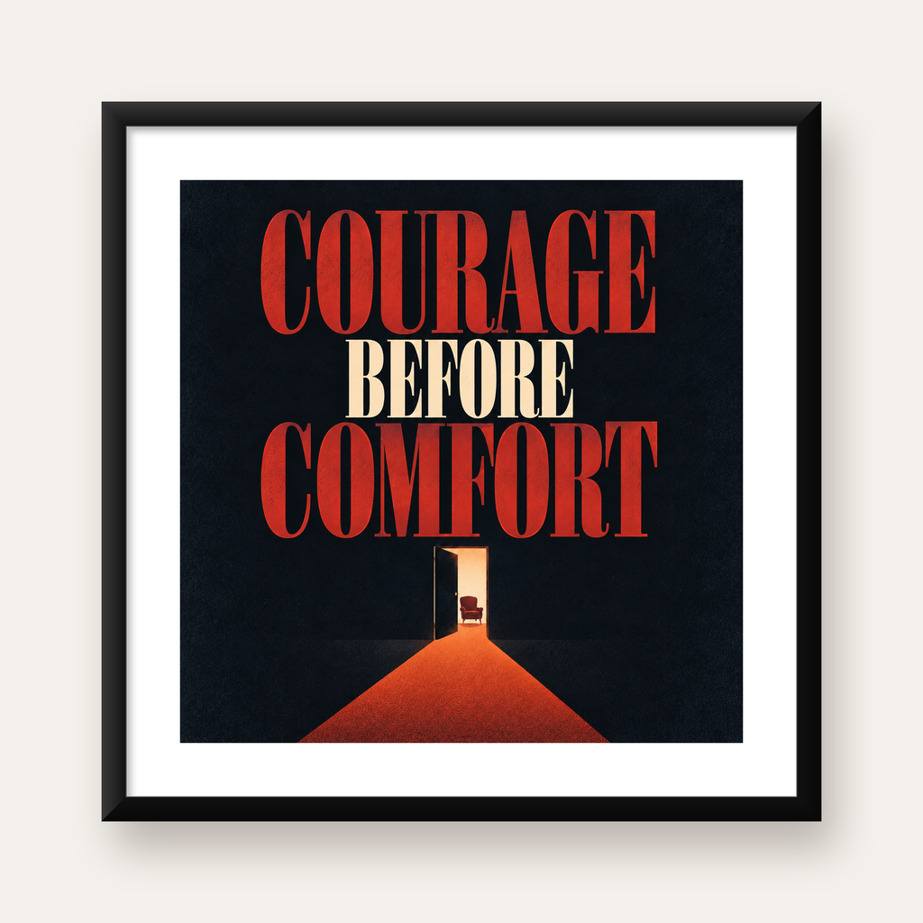 Courage Before Comfort - Cesaret ve Konfor Temalı Poster — Kare baskı, beyaz paspartulu