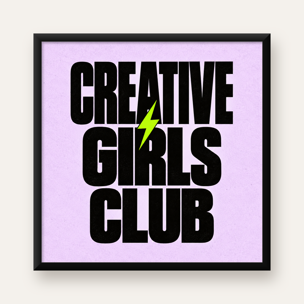 CREATIVE GIRLS CLUB Tipografik Motive Edici Poster — Kare baskı, düz siyah çerçeveli duvar posteri