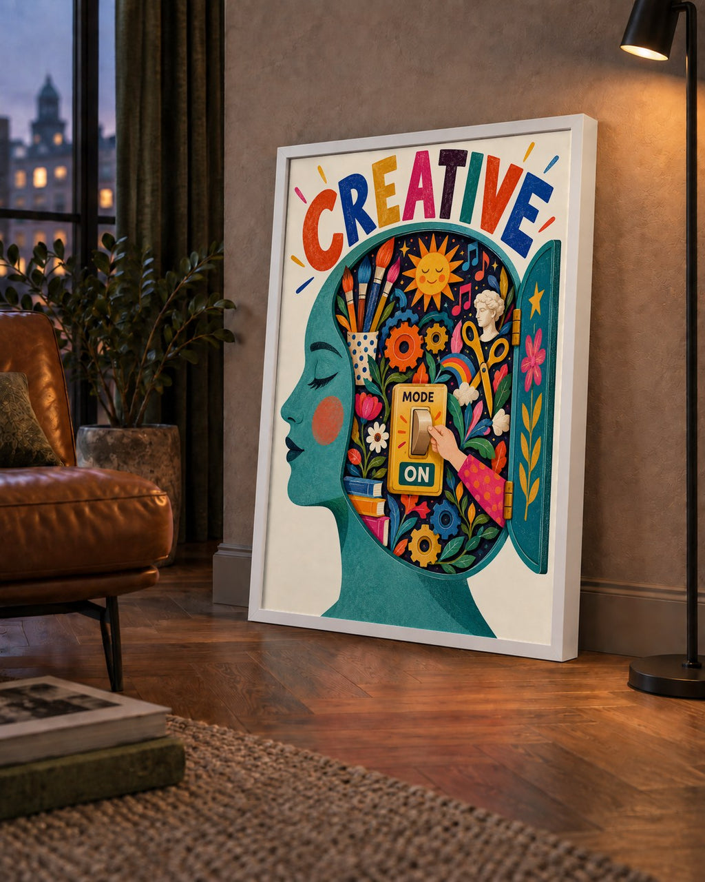 Creative: Yaratıcılık ve Hayal Gücü Temalı Sanat Poster — çerçeveli hâliyle bir ev duvarında