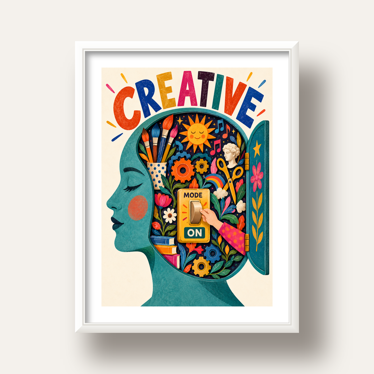 Creative: Yaratıcılık ve Hayal Gücü Temalı Sanat Poster — beyaz derin çerçeveli paspartulu