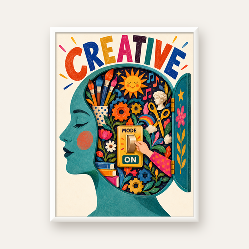Creative: Yaratıcılık ve Hayal Gücü Temalı Sanat Poster — beyaz çerçeveli dikey poster