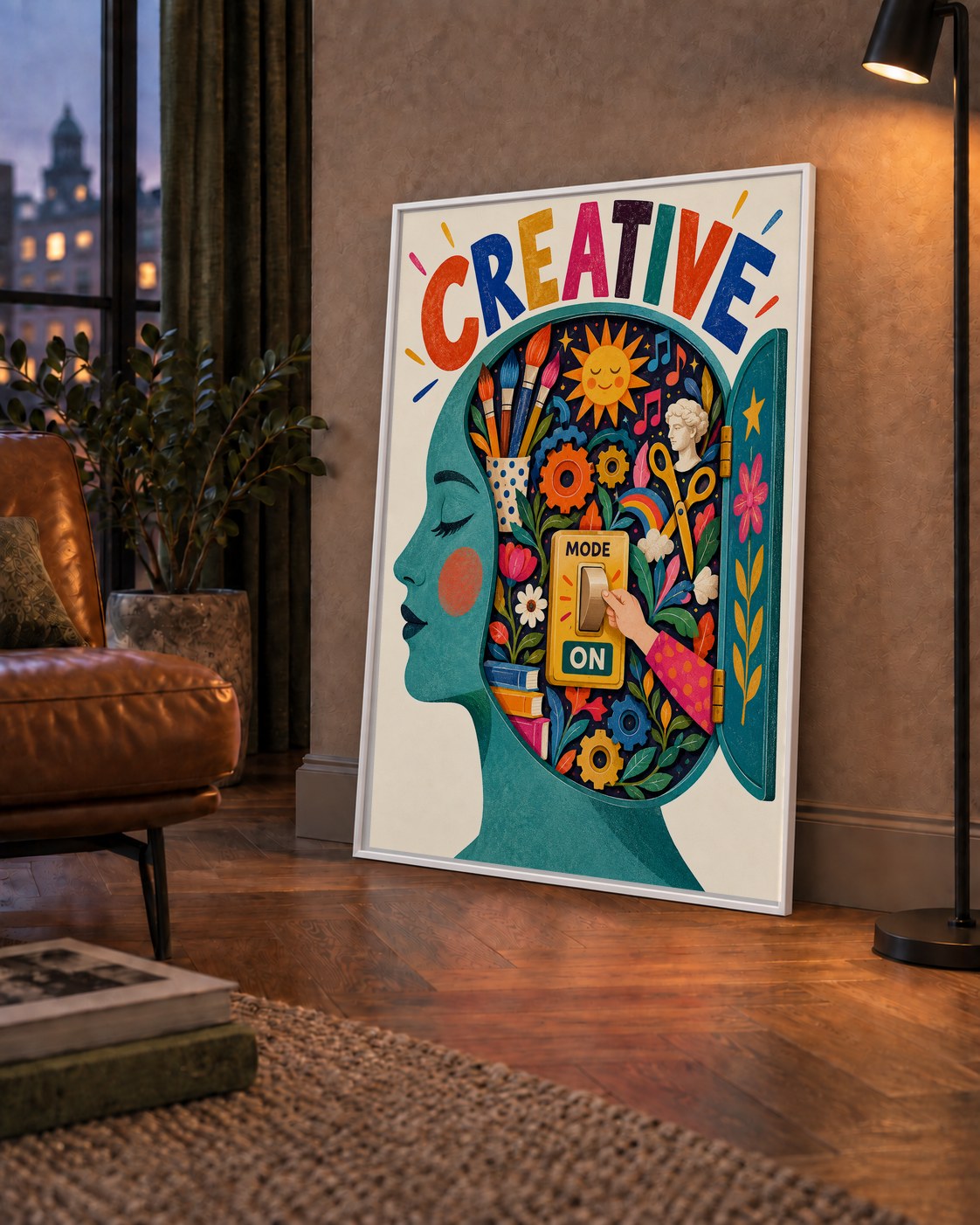 Creative: Yaratıcılık ve Hayal Gücü Temalı Sanat Poster — çerçeveli hâliyle bir ev duvarında