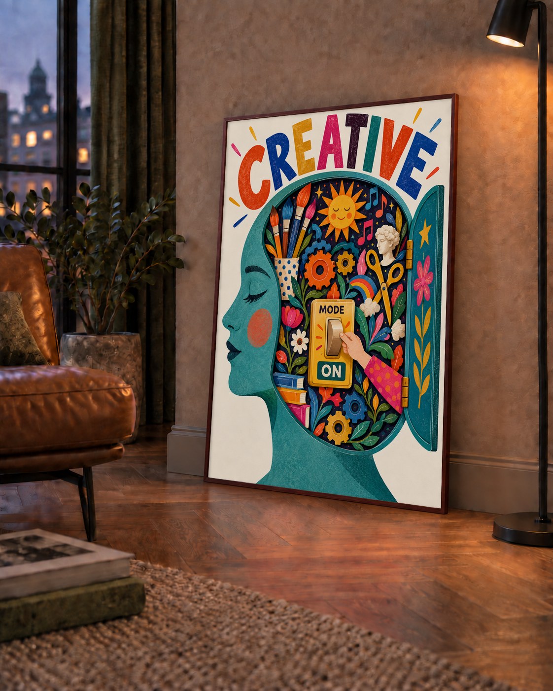 Creative: Yaratıcılık ve Hayal Gücü Temalı Sanat Poster — çerçeveli hâliyle bir ev duvarında