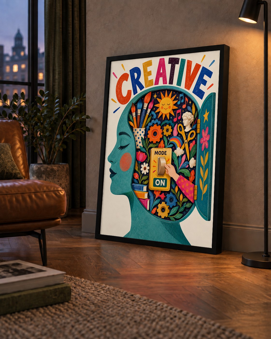Creative: Yaratıcılık ve Hayal Gücü Temalı Sanat Poster — çerçeveli hâliyle bir ev duvarında