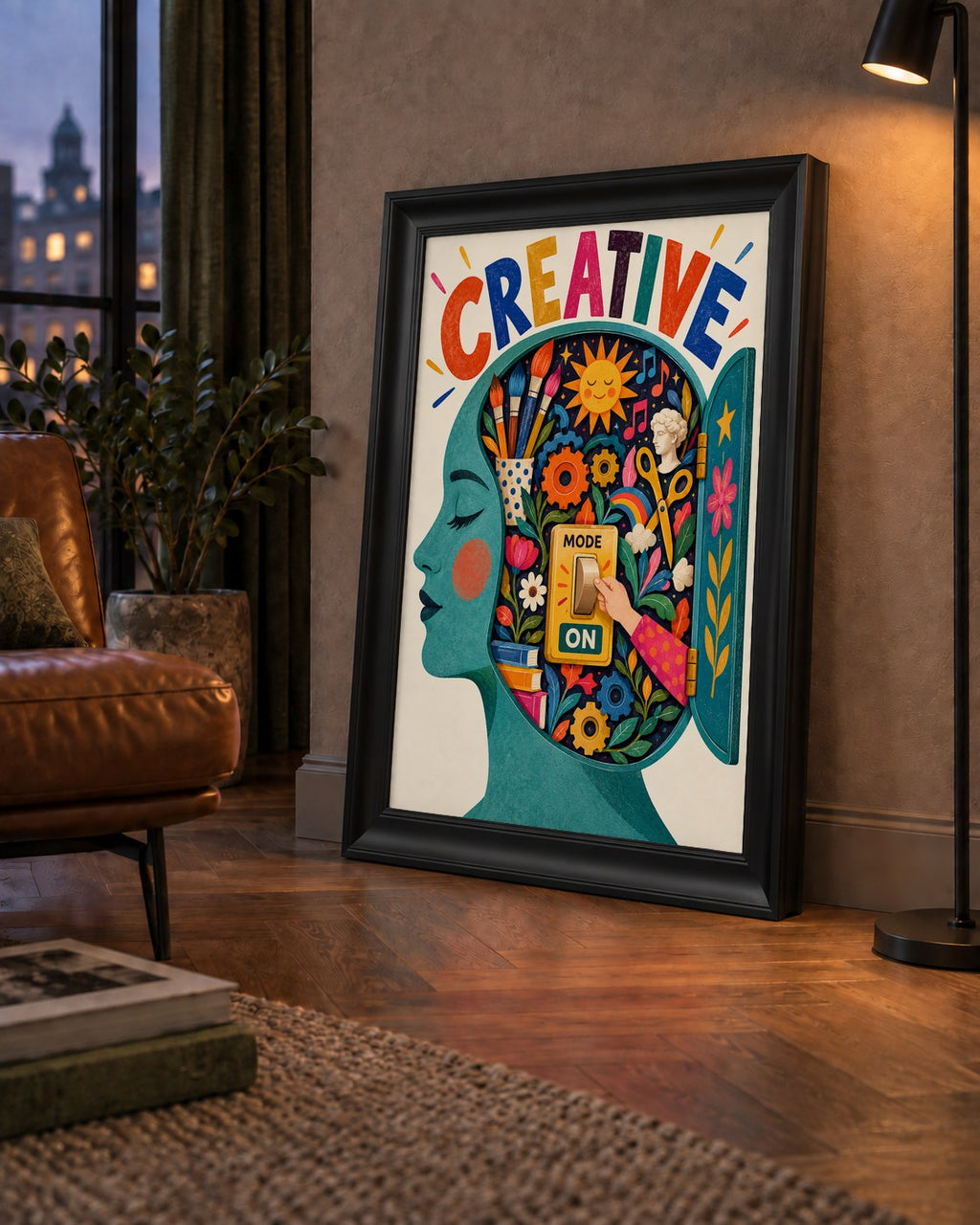 Creative: Yaratıcılık ve Hayal Gücü Temalı Sanat Poster — çerçeveli hâliyle bir ev duvarında