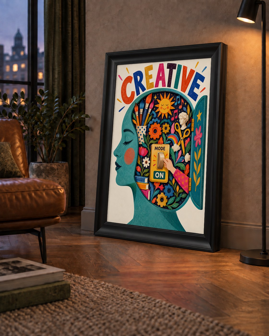 Creative: Yaratıcılık ve Hayal Gücü Temalı Sanat Poster — çerçeveli hâliyle bir ev duvarında