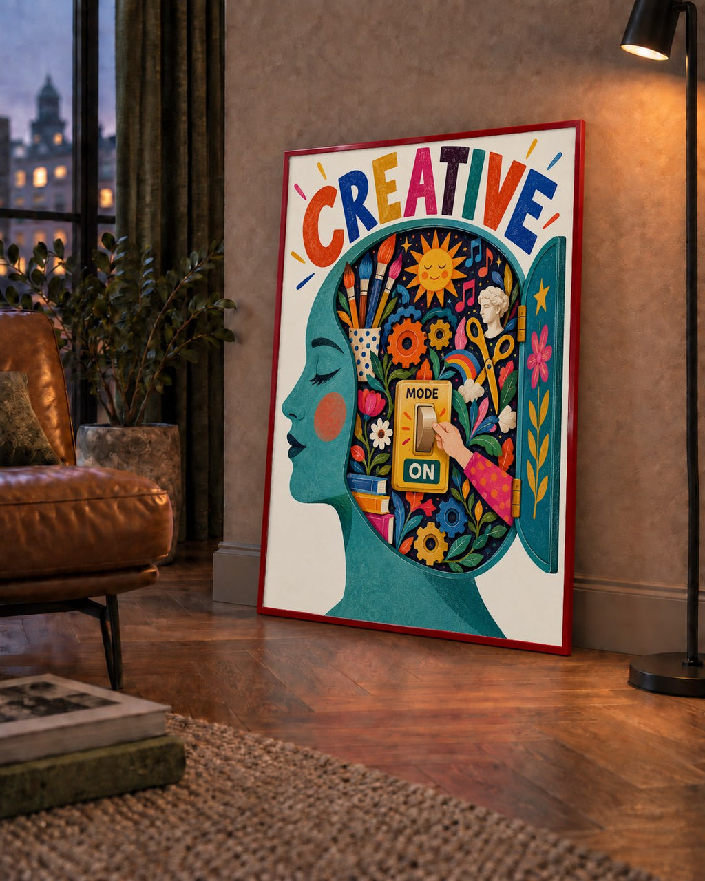 Creative: Yaratıcılık ve Hayal Gücü Temalı Sanat Poster — çerçeveli hâliyle bir ev duvarında