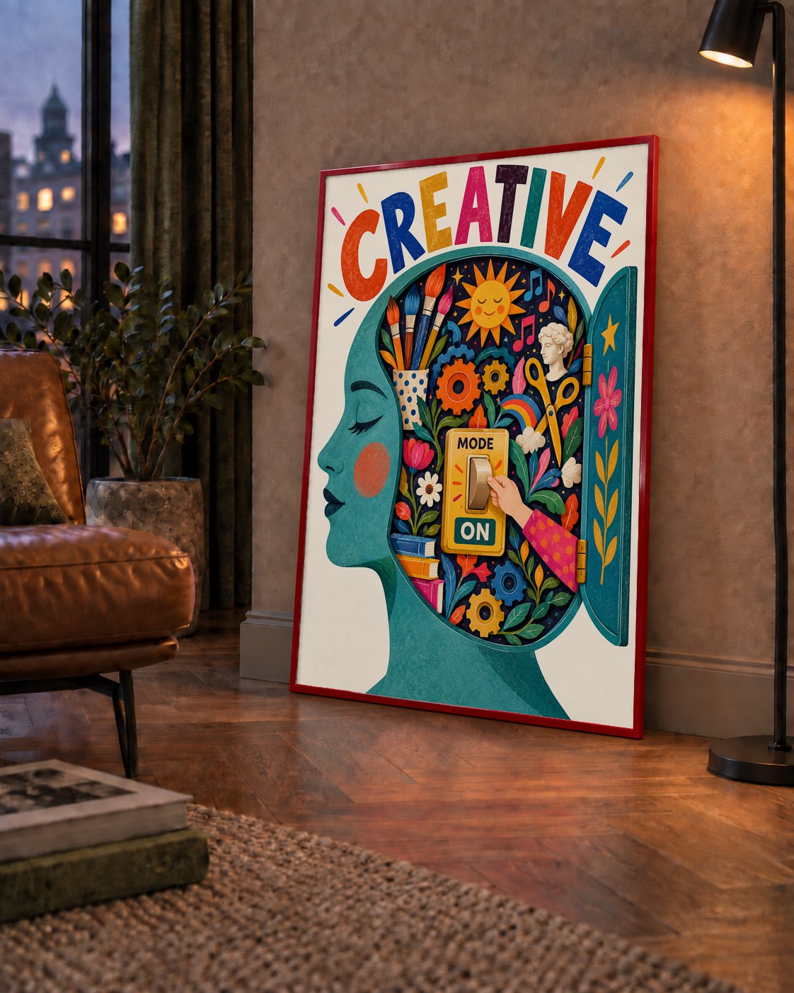 Creative: Yaratıcılık ve Hayal Gücü Temalı Sanat Poster — çerçeveli hâliyle bir ev duvarında