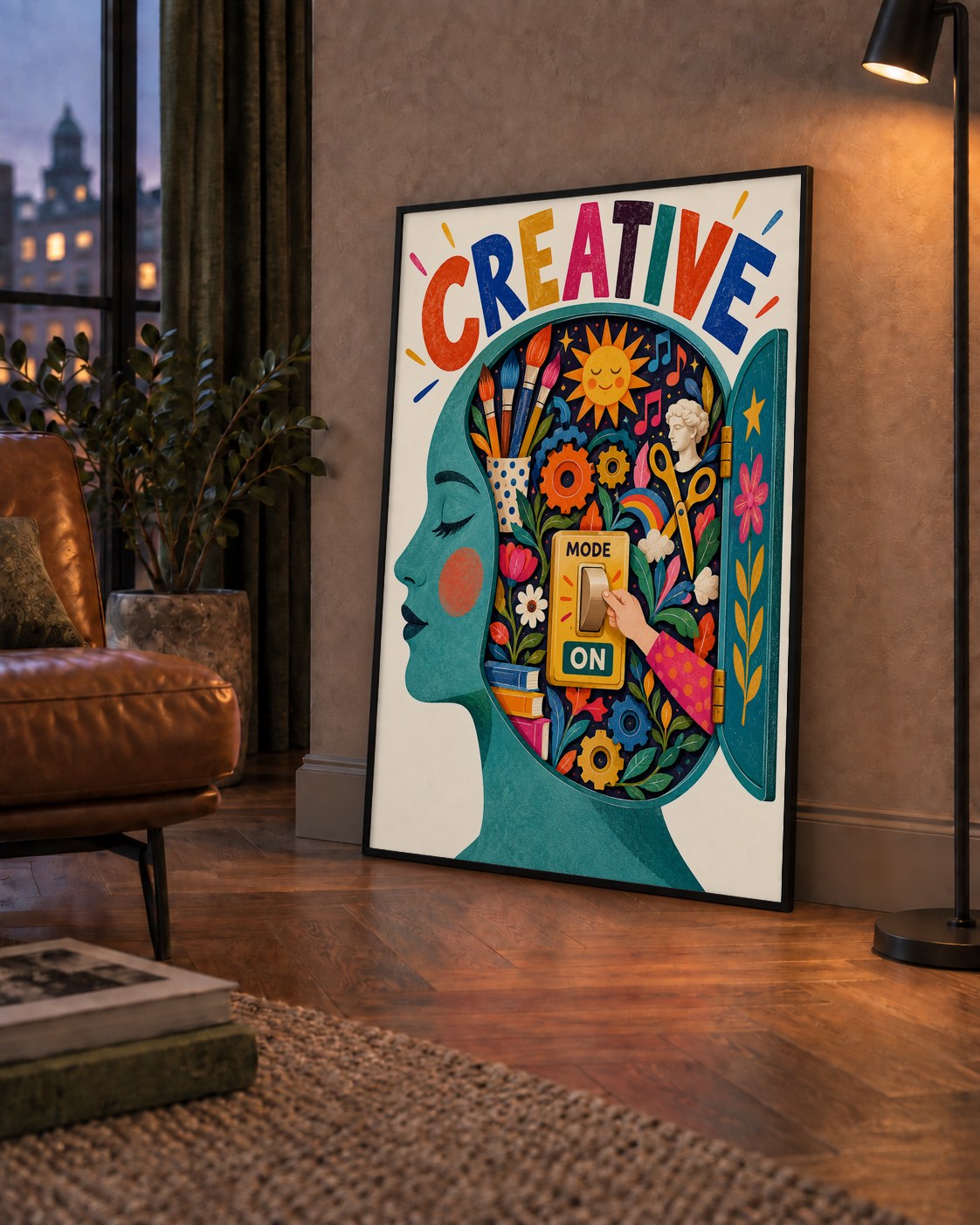 Creative: Yaratıcılık ve Hayal Gücü Temalı Sanat Poster — çerçeveli hâliyle bir ev duvarında
