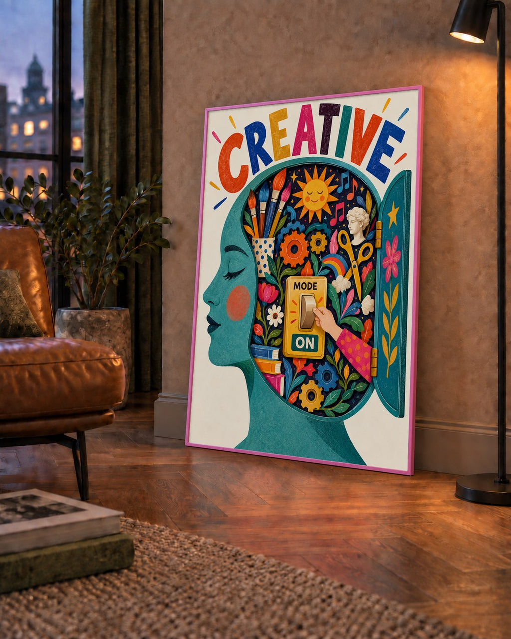 Creative: Yaratıcılık ve Hayal Gücü Temalı Sanat Poster — çerçeveli hâliyle bir ev duvarında