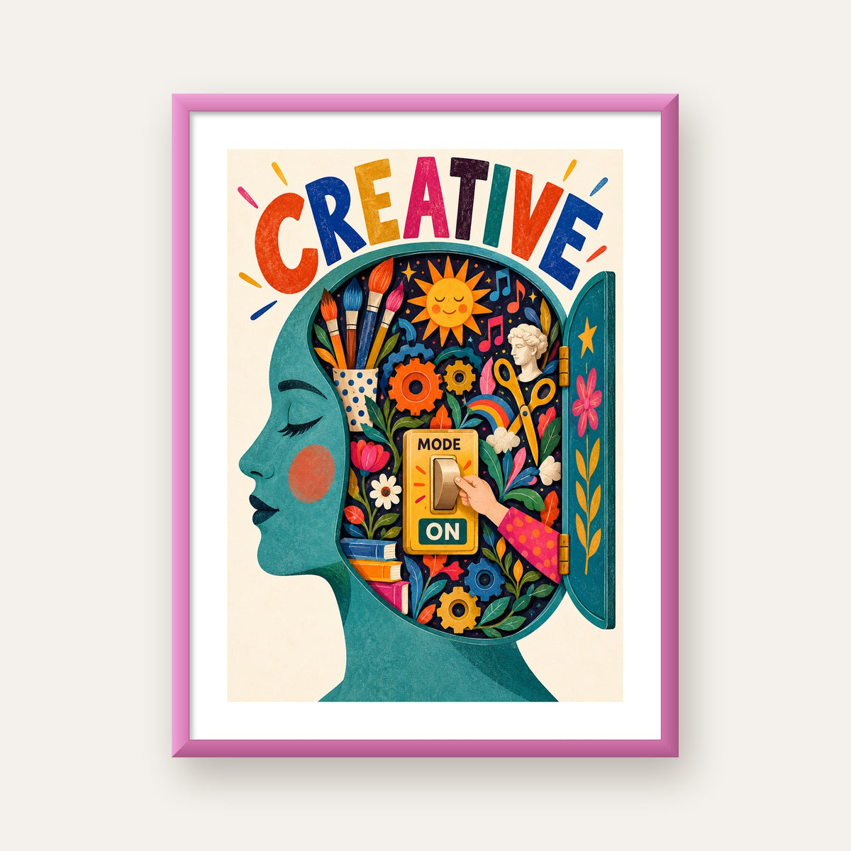 Creative: Yaratıcılık ve Hayal Gücü Temalı Sanat Poster — pembe çerçeveli paspartulu