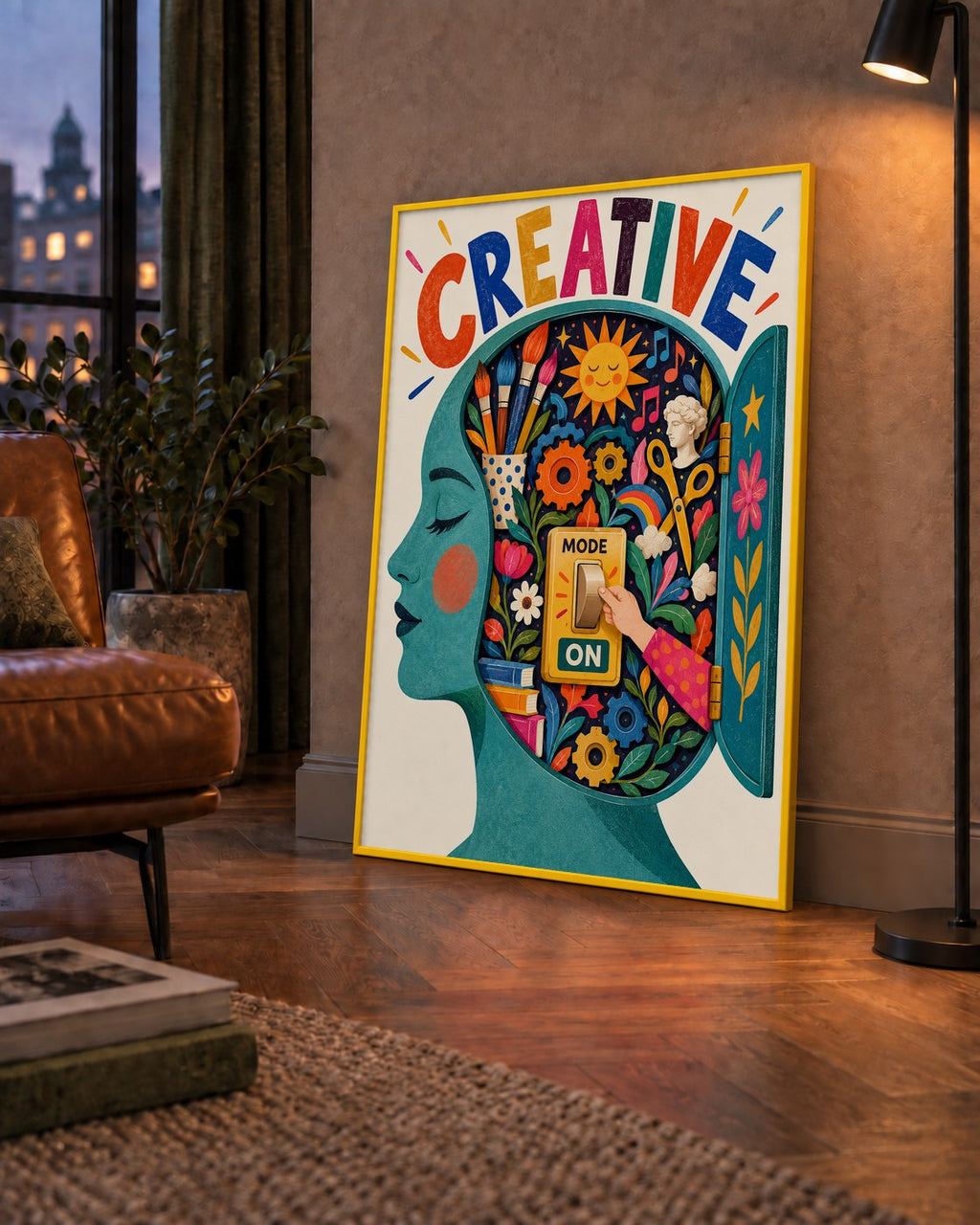 Creative: Yaratıcılık ve Hayal Gücü Temalı Sanat Poster — çerçeveli hâliyle bir ev duvarında