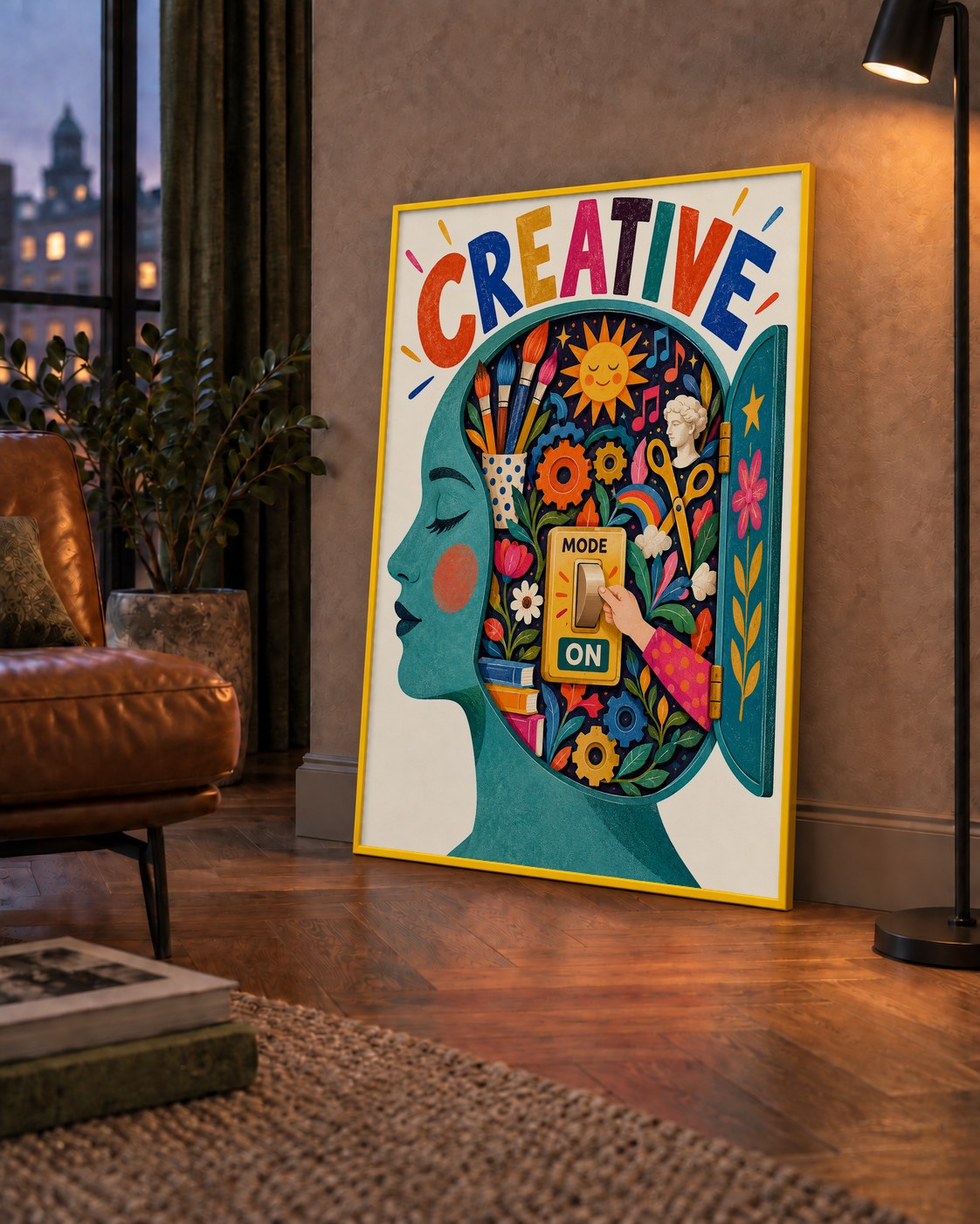 Creative: Yaratıcılık ve Hayal Gücü Temalı Sanat Poster — çerçeveli hâliyle bir ev duvarında