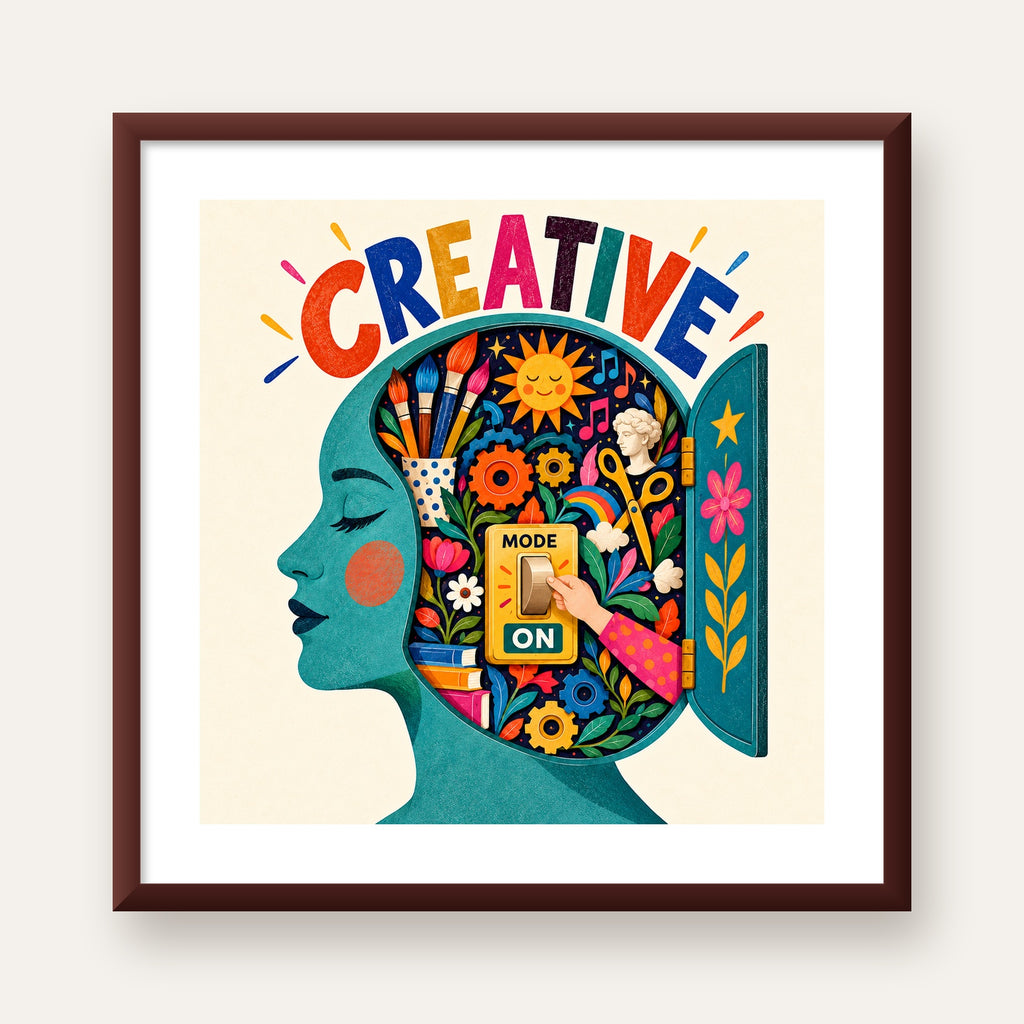 Creative: Yaratıcılık ve Hayal Gücü Temalı Sanat Poster — ceviz çerçeveli paspartulu