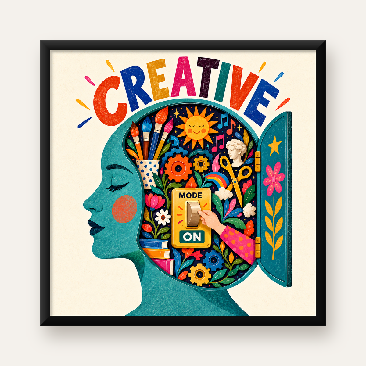 Creative: Yaratıcılık ve Hayal Gücü Temalı Sanat Poster — Kare baskı, düz siyah çerçeveli duvar posteri