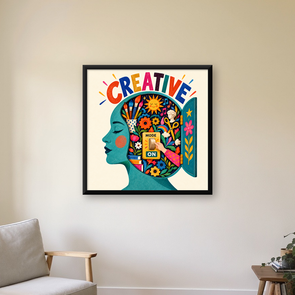Creative: Yaratıcılık ve Hayal Gücü Temalı Sanat Poster — Kare baskı, çerçeveli hâliyle bir ev duvarında