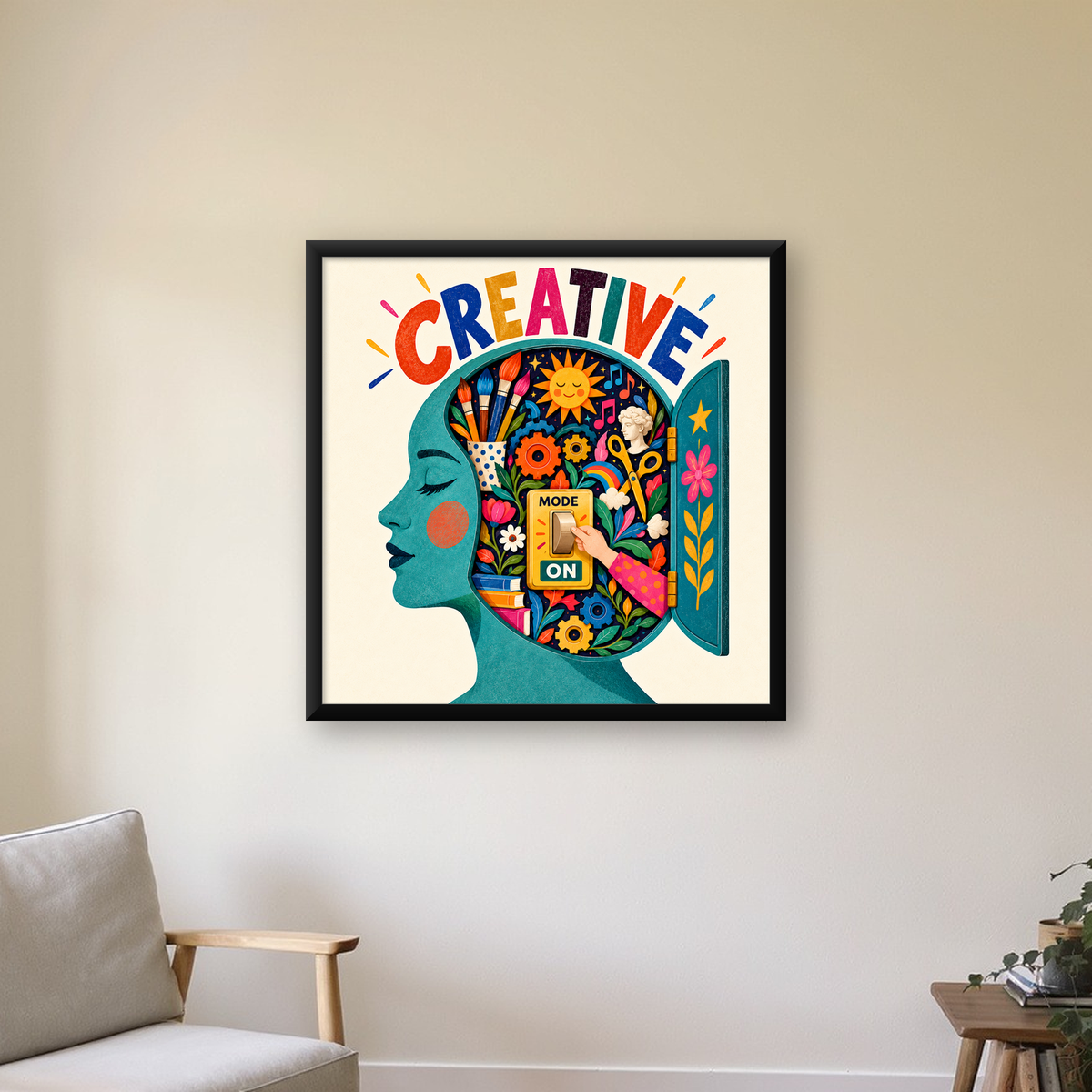 Creative: Yaratıcılık ve Hayal Gücü Temalı Sanat Poster — Kare baskı, çerçeveli hâliyle bir ev duvarında