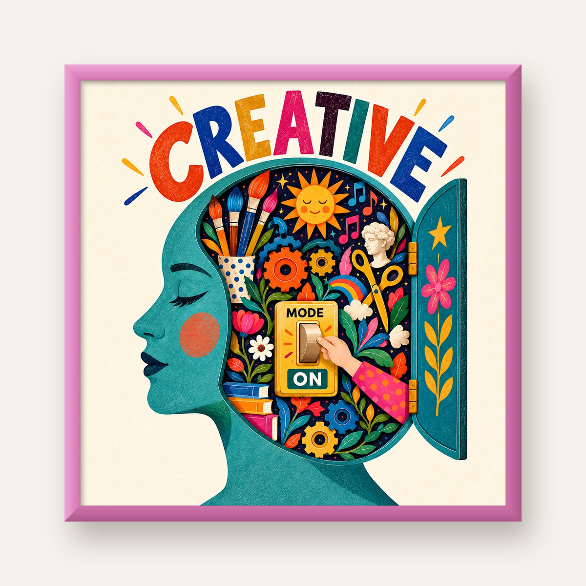 Creative: Yaratıcılık ve Hayal Gücü Temalı Sanat Poster — pembe çerçeveli
