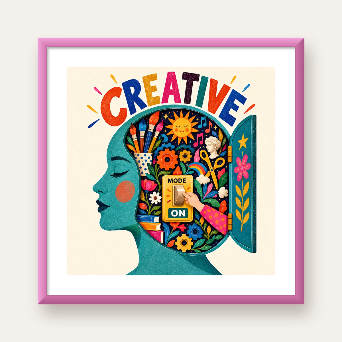 Creative: Yaratıcılık ve Hayal Gücü Temalı Sanat Poster — pembe çerçeveli paspartulu